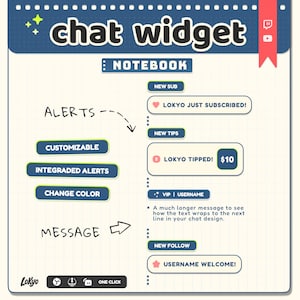 Chat widget notebook-style display for your stream — customizable & interactive.