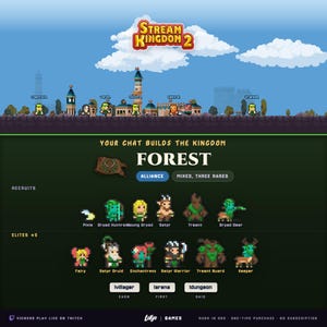 Könnte beinhalten: Eine Pixel-Art-Oberfläche für Stream Kingdom 2, die ein Waldkönigreich vor einem blauen Himmel zeigt. Die Anzeige listet Rekruten und Eliten auf, darunter Pixie, Dryade, Satyr, Treant und Keeper, mit Schaltflächen für Villager, Arena und Dungeon.