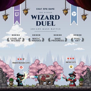 Könnte beinhalten: Ein Pixel-Art-Chat-RPG-Stream-Widget mit dem Titel Wizard Duel Arcane Mage Battle. Die Szene zeigt zwei Zauberer im Duell mit Lebensbalken, Levelanzeigen und Symbolen für Twitch und OBS. Der Hintergrund zeigt rosa Kirschblütenbäume.