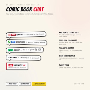以下が含まれることがあります： TwitchおよびKick向けのLokyoによる「Comic Book Chat」というタイトルのデジタルグラフィックオーバーレイ。ハーフトーンドット、太い輪郭、POW、ZAP、WOW、RAIDなどのコミック風タグが付いた、コミックブックの吹き出しスタイルのチャットメッセージが表示されています。