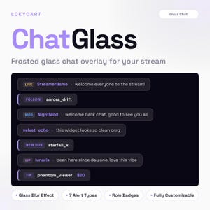 May include: A digital graphic promoting "Chat Glass," a frosted glass chat overlay for streaming. The design features the text "Chat Glass" in purple and black, with example chat messages and features like "Glass Blur Effect" and "Role Badges."