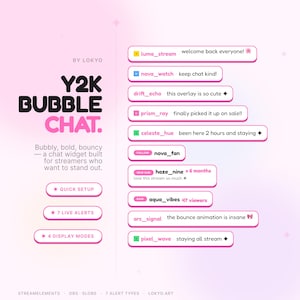 May include: A pink graphic promoting a Y2K Bubble Chat widget for streamers. The design includes chat bubbles with user comments, and buttons for quick setup, live alerts, and display modes. Text reads "Y2K Bubble Chat."
