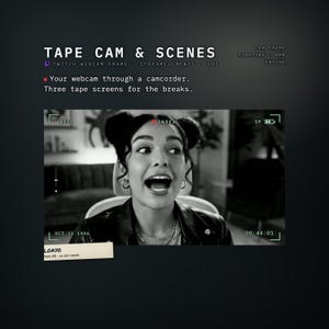 May include: A digital overlay for streaming featuring the text TAPE CAM & SCENES, CAM FRAME, STARTING, BRB, ENDING, TWITCH WEBCAM FRAME, STREAMELEMENTS, OBS. It includes a black and white camcorder interface with REC, INDEX, SP, and date OCT 31 1996.