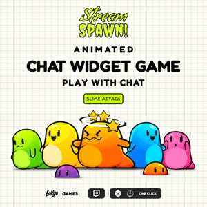 Op de afbeelding: Geanimeerde afbeelding van het chatwidget-spel "Stream Spawn!". De afbeelding toont een rij kleurrijke, cartoonachtige slijmkarakters in groen, geel, oranje, blauw en roze. De tekst "Chat Widget Game" en "Play with Chat" zijn ook te zien.