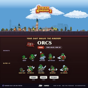 Può includere: Un'interfaccia digitale per il gioco Stream Kingdom 2 con personaggi in pixel art. Lo schermo mostra un paesaggio di un regno, il testo YOUR CHAT BUILDS THE KINGDOM, ORCS, HORDE, PURE MELEE, HIGH HP, ed elenca vari tipi di unità.