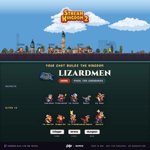 Peut inclure: Une interface en pixel art pour Stream Kingdom 2 avec une ligne d'horizon de royaume, le texte LIZARDMEN, une icône de drapeau bleu, et des listes de recrues et d'élites comme Firebreather, Raptor et Warlord avec des boutons de commande.