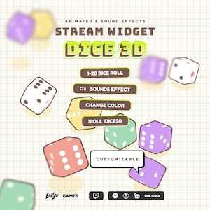May include: A digital graphic for a stream widget, featuring 3D dice in various colors like purple, yellow, and pink. The text reads "STREAM WIDGET DICE 3D" with options for dice rolls, sound effects, and color changes. The word "CUSTOMIZABLE" is also visible.