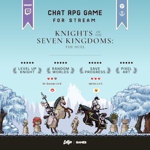Op de afbeelding: Een promotionele afbeelding voor een chat RPG-game getiteld "Knights of the Seven Kingdoms: The Duel". De pixel art-stijl afbeelding toont twee ridders te paard, met tekst die spelfuncties aangeeft zoals "Level Up Knight" en "Pixel Art".