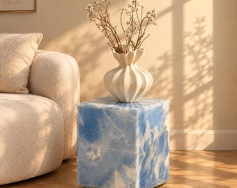 Handcrafted Blue Onyx Nightstand | Natural Marble 2-Drawer Bedside Table
