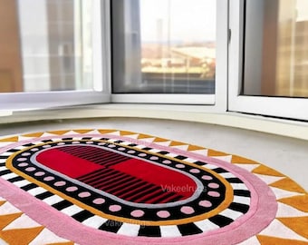 Hand Tufted Pink Oval Shape Dining Rug Minimalist Home Decor Wool Handmade Area Rug Carpet for Home| Bedroom Rug| Living Room Large Area Rug