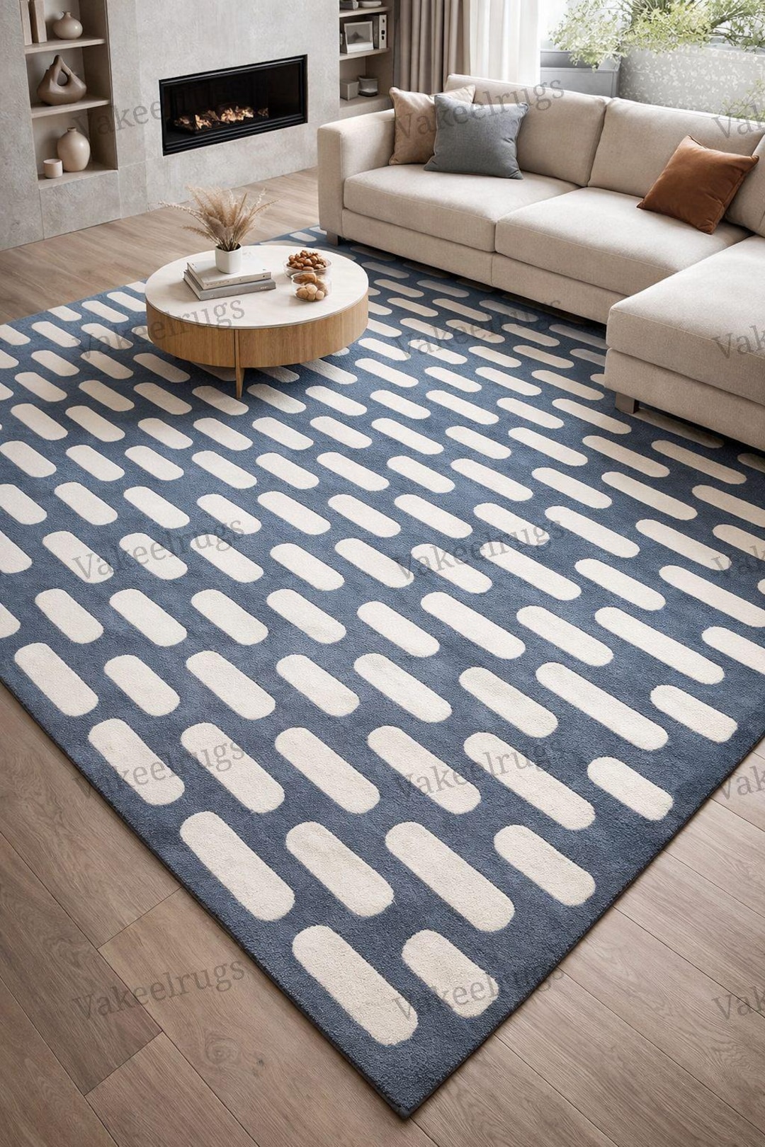 Flowing Dashes Rug Pattern Modern Blue & Ivory Dash Pattern Rug – Handmade Minimalist Geometric ...