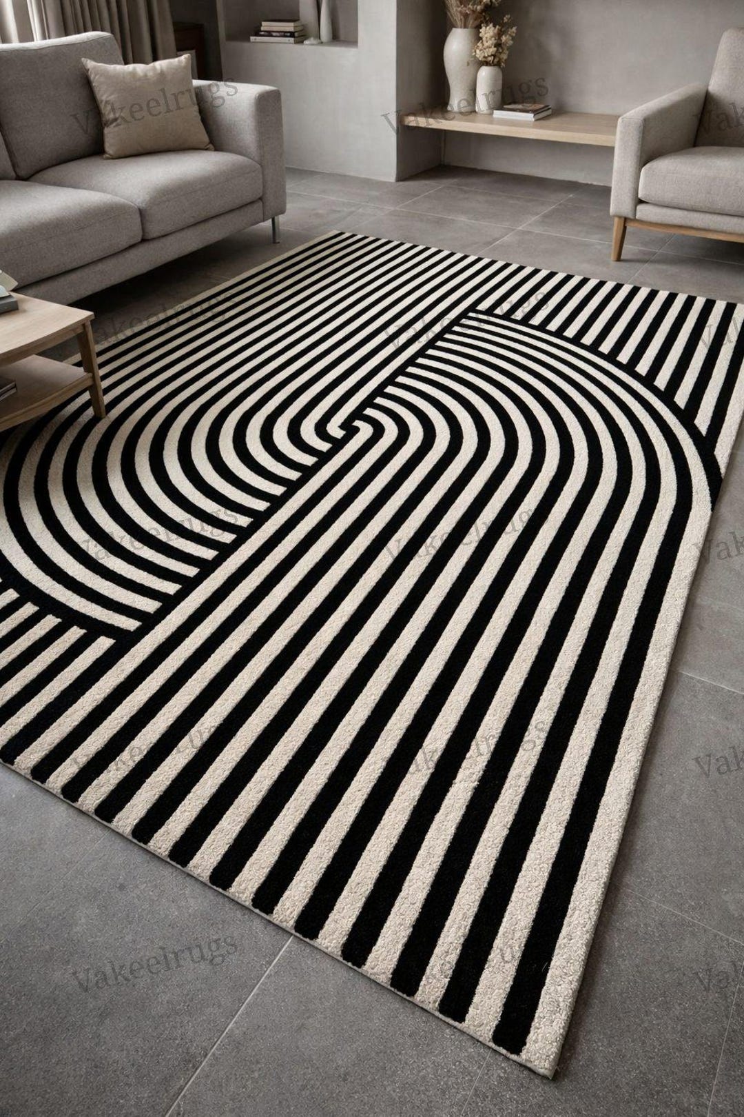 Modern Black & Cream Curved Line Rug – Handmade Abstract Wave Pattern ...