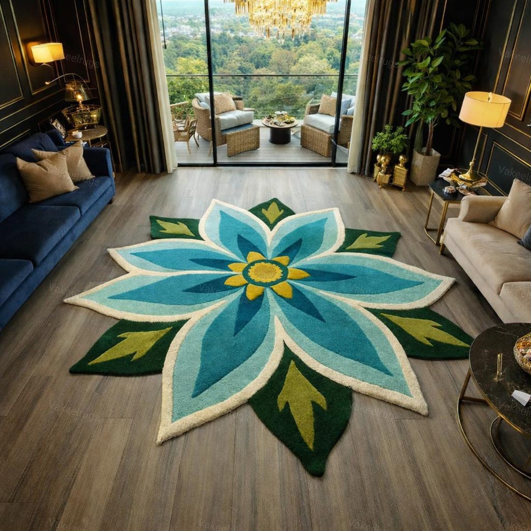 Hand Tufted Floral Area Rug – Modern Lotus Flower Rug in Blue & Green ...