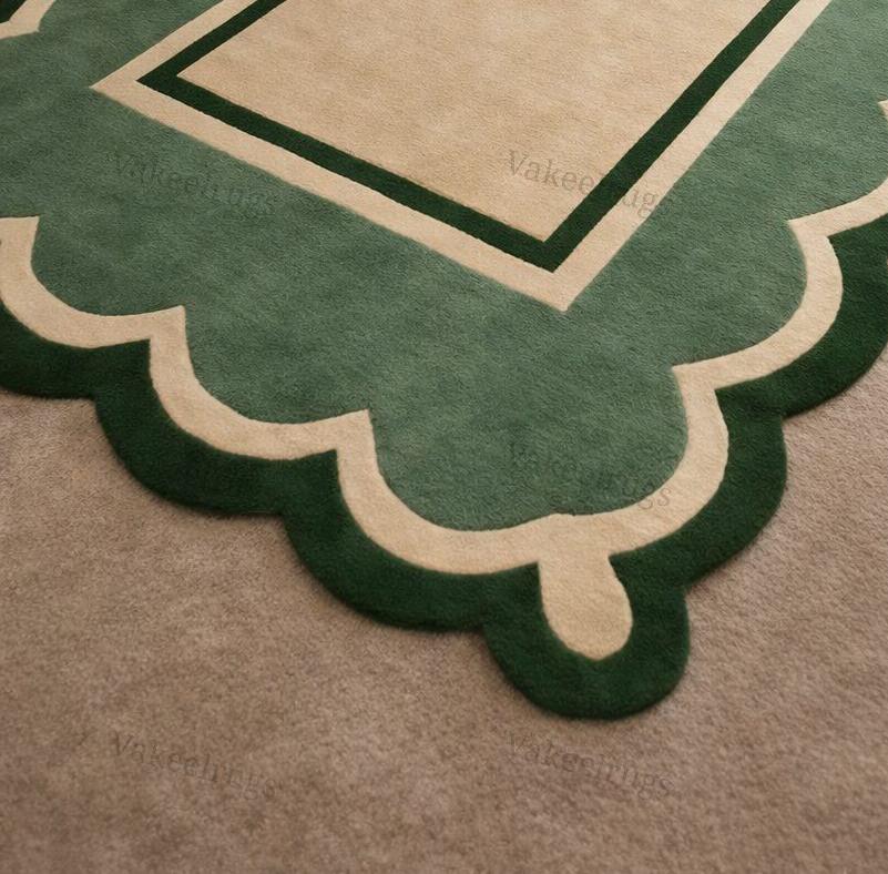 Hand Tufted Green & Beige Scalloped Border Rug | Modern Wool Area Rug ...