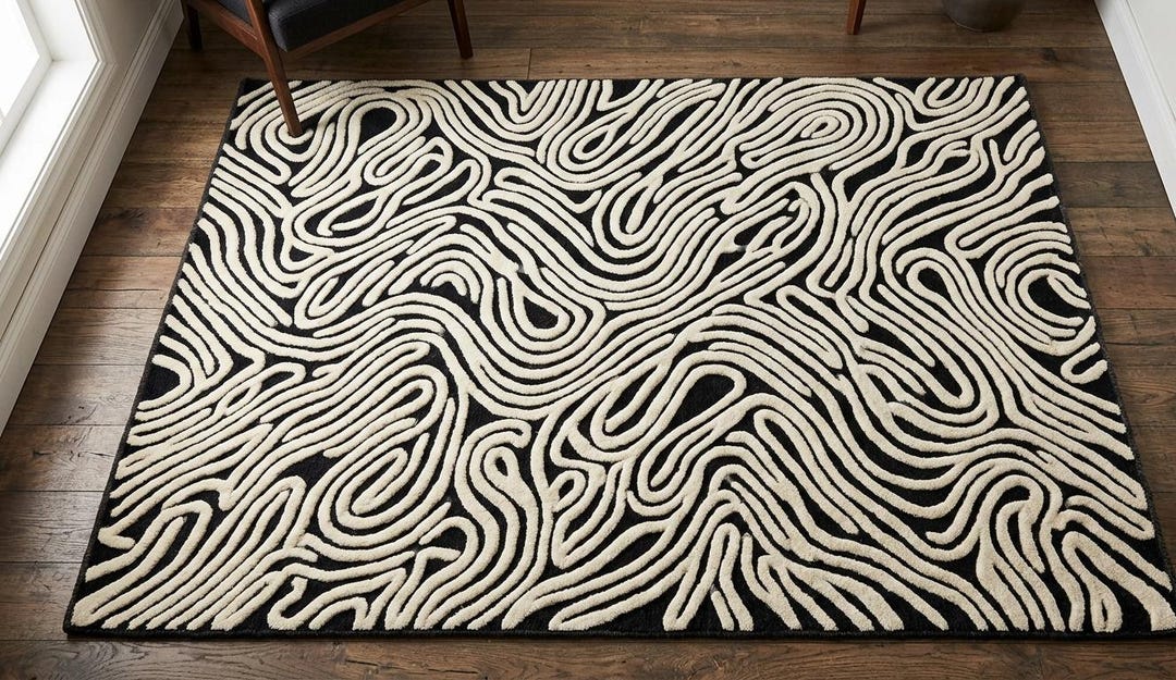 Modern Abstract Black & White Hand Tufted Rug – Organic Line Pattern ...