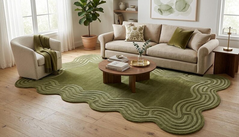 Modern Olive Green Wavy Border Rug – Hand Tufted NZ Wool Abstract Area ...