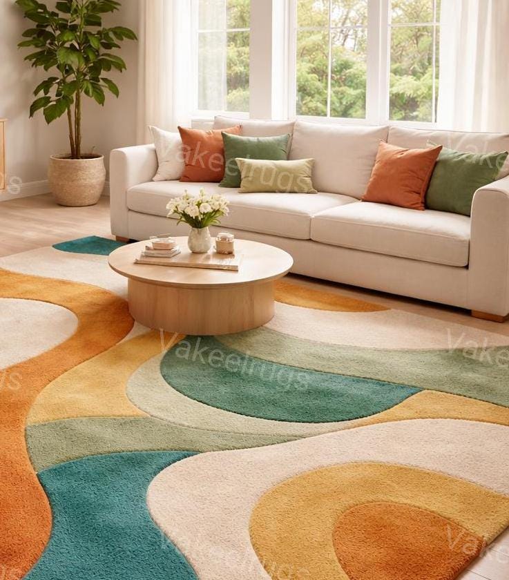 8×10ftmid-century Modern Abstract Area Rug – Curved Shapes in Teal ...