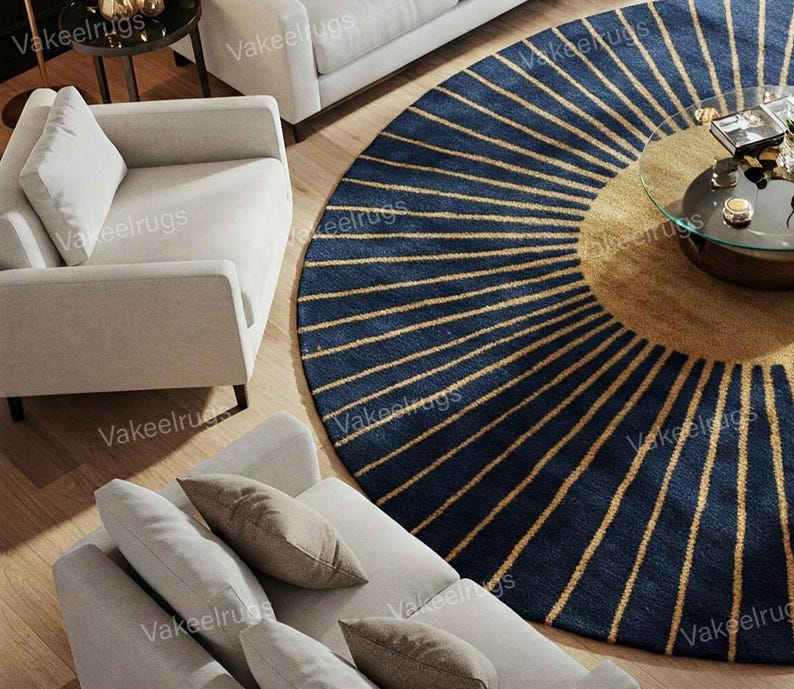 Hand-tufted Wool Sunburst Rug: Navy and Gold Modern Area Rug Use the ...