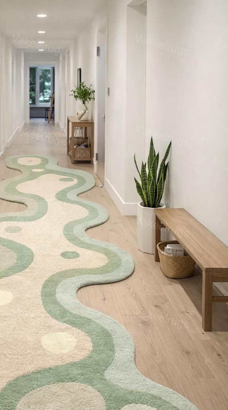 Unique Shape Runner Rug Serenity Wave Abstract Hallway Runner Rug – Hand-tufted NZ Wool Organic ...