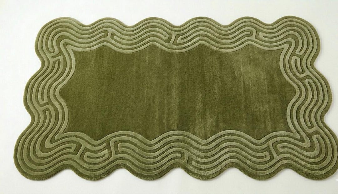 Modern Olive Green Wavy Border Rug – Hand Tufted NZ Wool Abstract Area ...