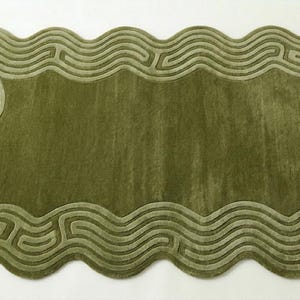 Modern Olive Green Wavy Border Rug – Hand Tufted NZ Wool Abstract Area ...