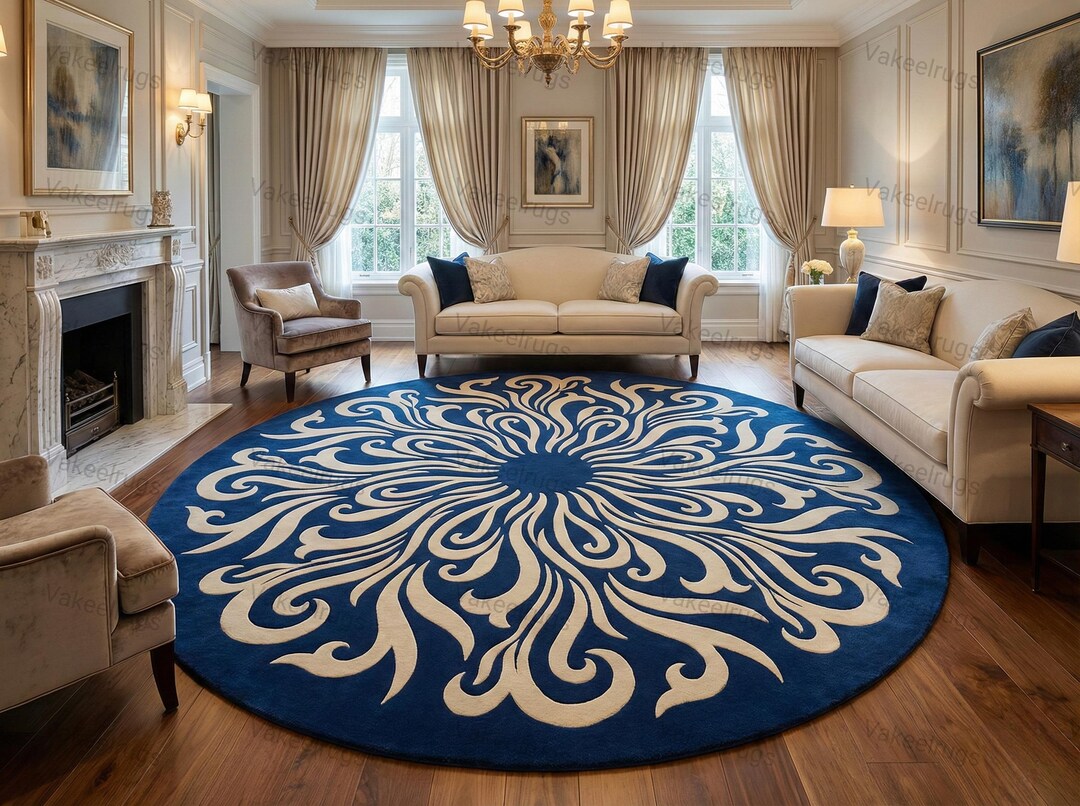 Royal Azure Sunburst Round Rug – Hand Tufted NZ Wool Statement Area Rug ...