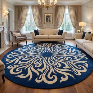 Puede incluir: Una alfombra redonda azul grande con un intrincado diseño floral crema. La alfombra es el punto focal de una sala de estar con sofás, sillas y cortinas color crema. También se ven una chimenea y una lámpara de araña.