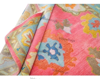 Hand Knotted Pink Oushak Rug: New Zealand Wool, Floral Antique Style