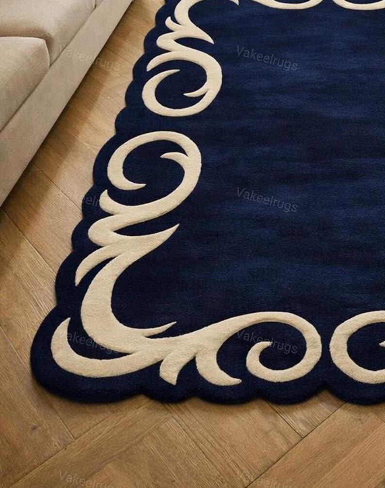 Hand Tufted Navy Blue Floral Border Rug, Elegant Classic Area Rug ...