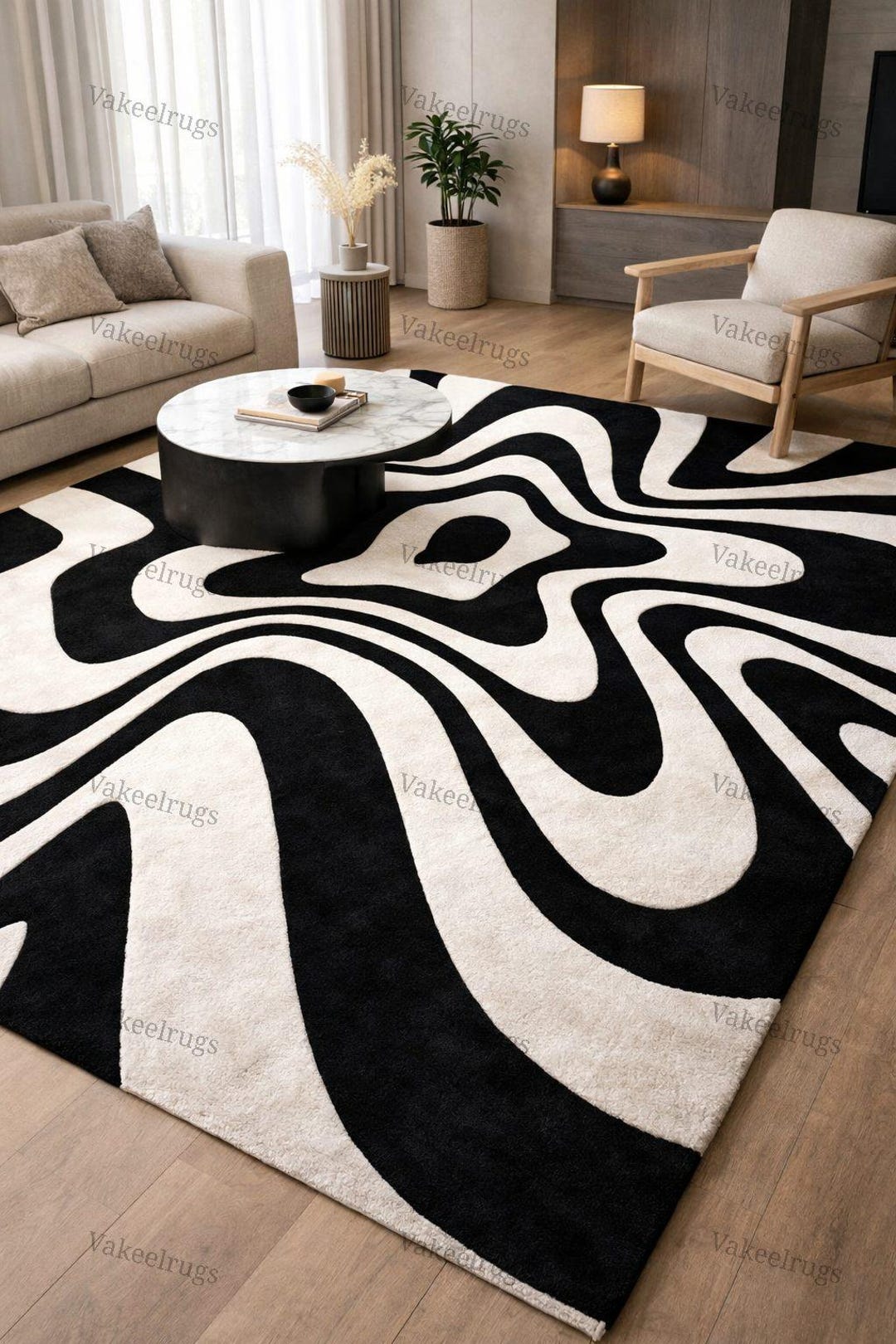 Modern Black & Ivory Abstract Wave Rug | Hand Tufted Wool Contemporary ...