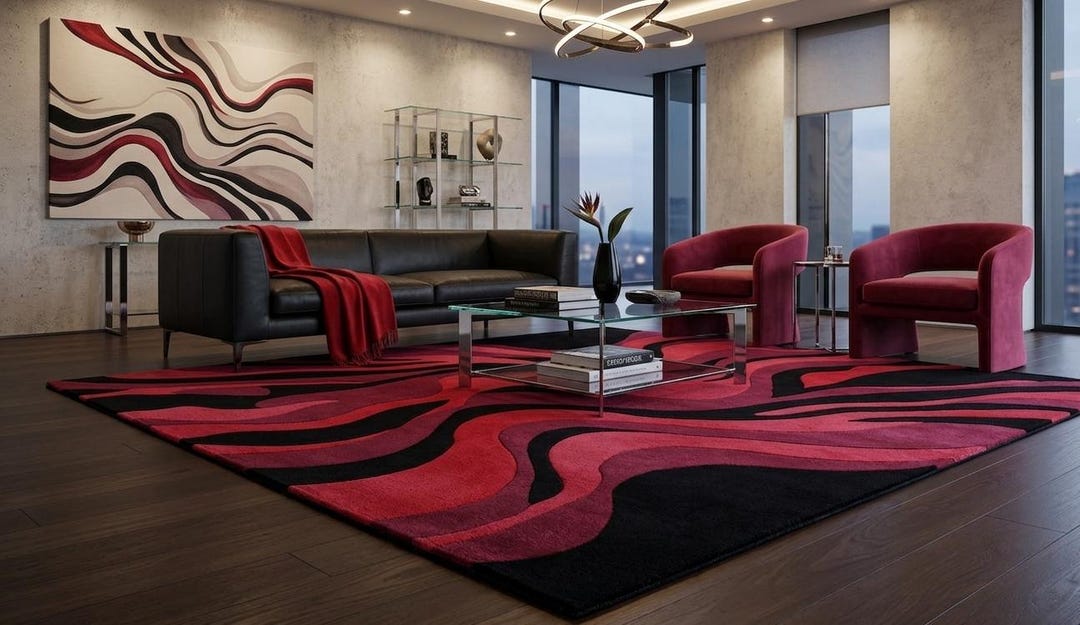 Modern Rug Red Pattern 8×10 Modern Red Abstract Wave Rug | Black Red Wavy Pattern Carpet ...