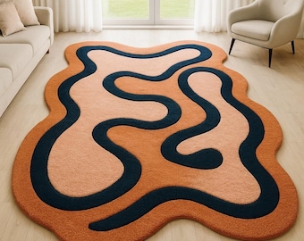Hand-Tufted Irregular Orange & Black Abstract Wool Area Rug | Modern Wavy Design | Contemporary Living Room Accent Carpet