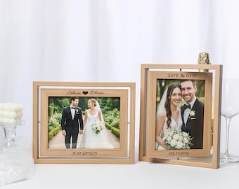 Spersonalizowana obrotowa dwustronna drewniana ramka na zdjęcia, do drukowania zdjęć 6*8 cali, spersonalizowana grawerowana ramka w wykwintnym opakowaniu, prezent ślubny