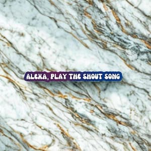 May include: A sticker with the text "ALEXA, PLAY THE SHOUT SONG" in white letters on a gradient background of purple and blue. The sticker is set against a marble background with gold and brown veining.