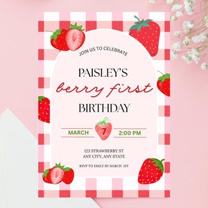 Berry First Birthday Invitation Template, First Birthday Template, Canva Strawberry Invite Template, Berry First Invite For Girl Birthday