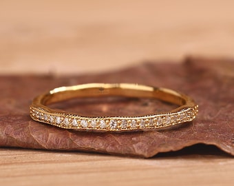Milgrain Edges Engagement Band, Half Eternity Minimalist Band, Round Cut Lab Grown Diamond Band, 14K Gold Antique Wedding Band, Gift For Her