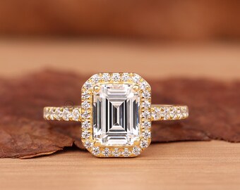 Halo Solitaire With Accent Ring, Elegant Wedding Ring, 1.5 CT Emerald Lab Grown Diamond Ring, 14K Solid Gold Engagement Ring, Handmade Ring