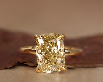 Anillo de boda con diamante amarillo de 3.00 quilates, talla cojín alargada, solitario, cultivado en laboratorio, oro macizo de 14 quilates, anillo de compromiso para mujer
