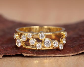 Bubble Set Wide Wedding Band, 14K Yellow Gold Bezel Set Band, Round Cut Lab Grown Diamond Wedding Band, Half Eternity Stackable Antique Band