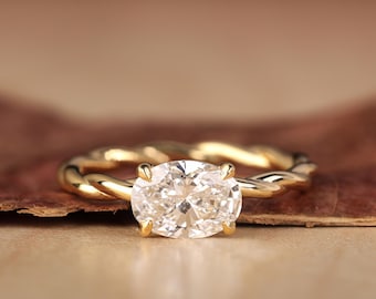 Anillo de compromiso con diamante cultivado en laboratorio de East To West, alianza de boda estilo cuerda trenzada, corte ovalado, certificado IGI, anillo de pedida de mano en oro amarillo de 14 quilates