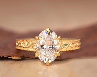 Vintage art-deco trouwring, ovaal geslepen laboratoriumdiamanten verlovingsring, antieke Milgrain IGI-gecertificeerde ring, 14K massief gouden filigraanring
