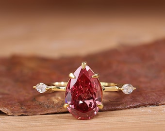 Anillo de diamantes cultivados en laboratorio con corte de pera rosa de 3,5 quilates, oro de 14 quilates con diamante lateral, piedra preciosa en forma de lágrima, elegante anillo de compromiso para regalo.