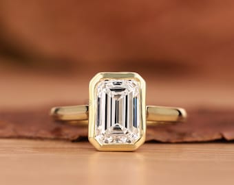 2.5 CT Emerald Cut Engagement Ring, 14K Solid Gold Lab Grown Diamond Ring, Elegant Solitaire Wedding Ring, Bezel Set Proposal Ring For Her
