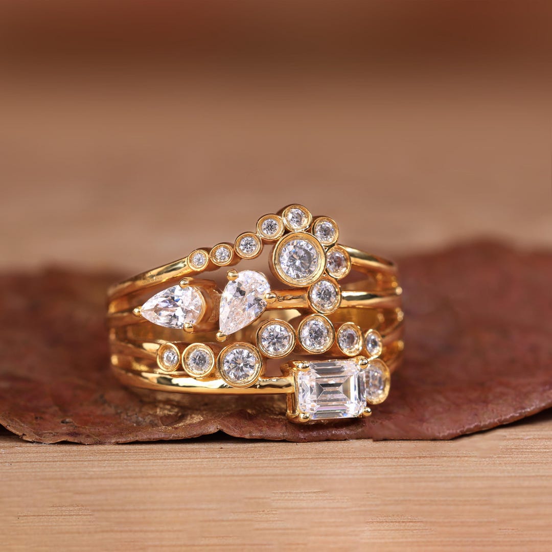 Multi Row Cluster Wedding Ring, Multi Shape Scattered Band, Elegant ...