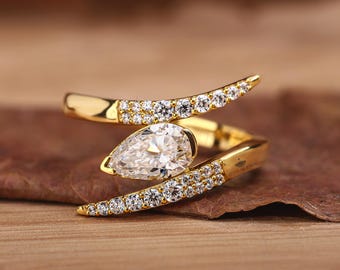 Bypass-stil öst-väst-ring, päronslipad vigselring, 14K guld labgrown diamantring, öppen pavediamantring, modern brudring