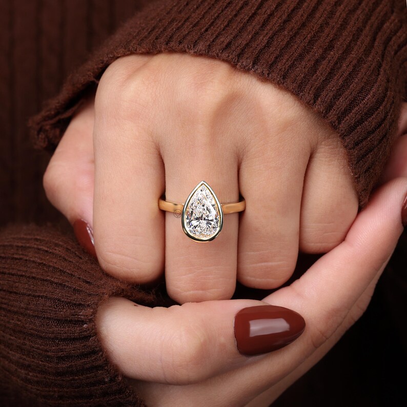 14K gult guld, elegant promise ring, 3,00 CT päronslipad diamantring i labbodlad form, jubileumsring för kvinnor med bezelinfattning, vigselring bild 7