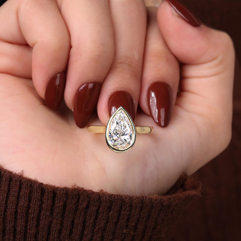 14K gult guld, elegant promise ring, 3,00 CT päronslipad diamantring i labbodlad form, jubileumsring för kvinnor med bezelinfattning, vigselring bild 10