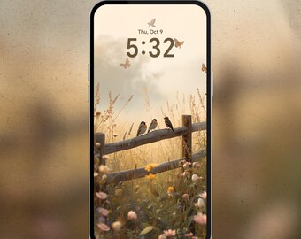 May include: A smartphone screen displays a serene landscape with a wooden fence, birds, and wildflowers. The time is 5:32, with the date Thursday, October 9th. The HONOR Magic Lock Screen logo is at the bottom.