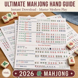 Può includere: Una guida per il Mahjong con il titolo "ULTIMATE MAH JONG HAND GUIDE" e il testo "Instant Download - Master Modern Play". L'immagine mostra fogli stampati con combinazioni di tessere Mahjong e diverse tessere Mahjong.