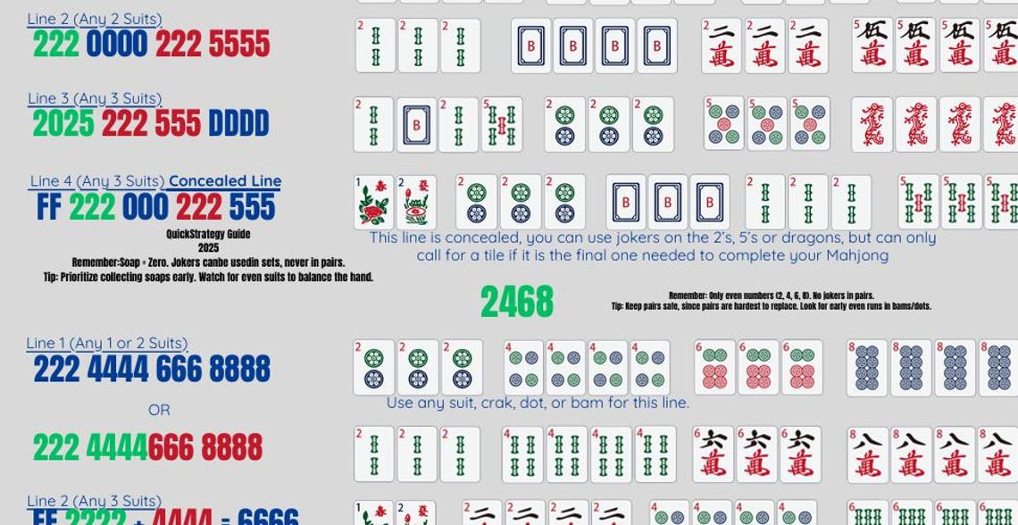 Mahjong Guide Mahjong 2025 Printable Cheat Sheet, NMJL Card 2025 Hands Guide ...